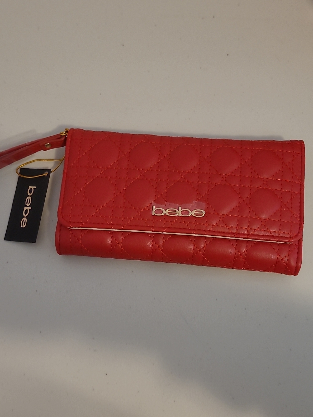 bebe Quilted Red Wristlet Wallet with Logo Detail